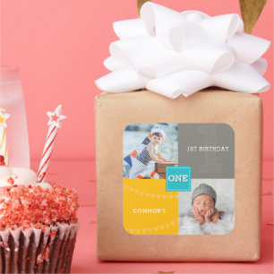 Blue Square Sketch One Baby Boy 1st Birthday Photo Sticker