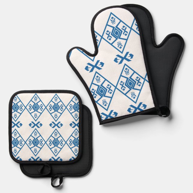Blue square with arrow oven mitt & pot holder set (Front/Back)