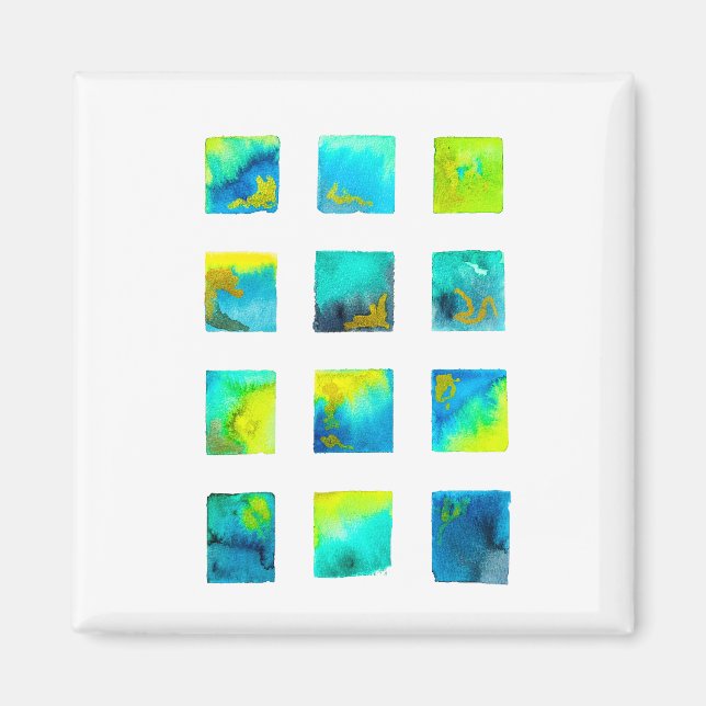 Blue squares watercolor abstract magnet (Front)