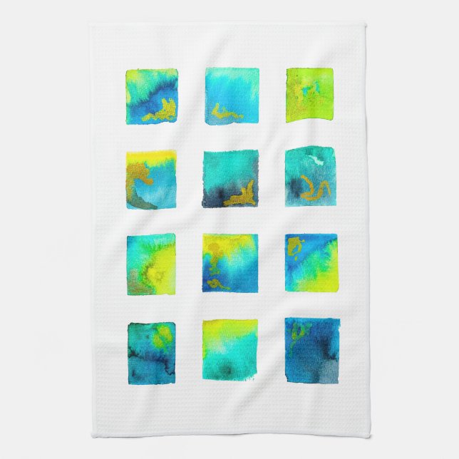 Blue squares watercolor abstract tea towel (Vertical)