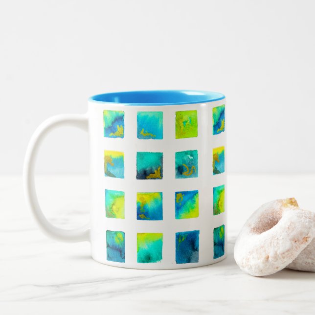 Blue squares watercolor abstract Two-Tone coffee mug (With Donut)