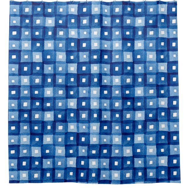 Blue Squares, Watercolor Seamless Mosaic. Shower Curtain (Front)