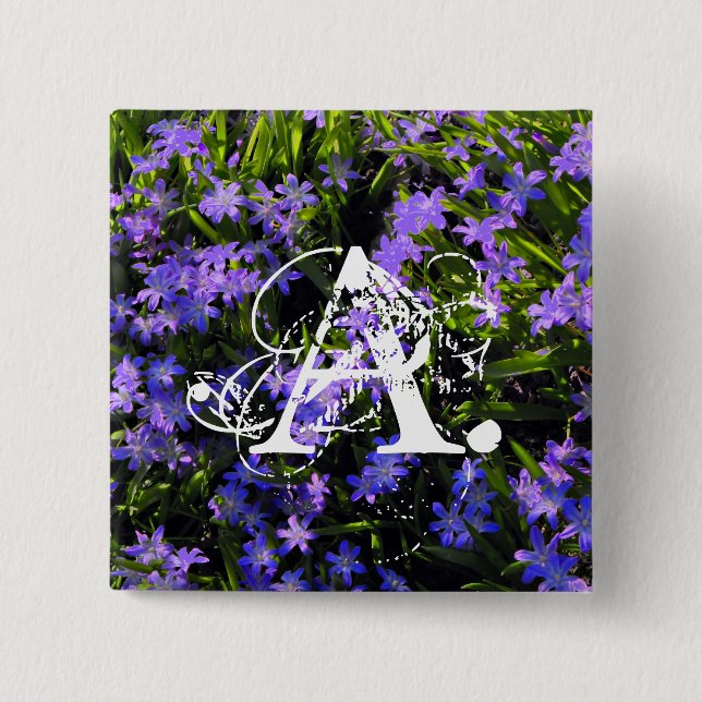 Blue Squill Spring Flowers and your monogram 15 Cm Square Badge (Front)