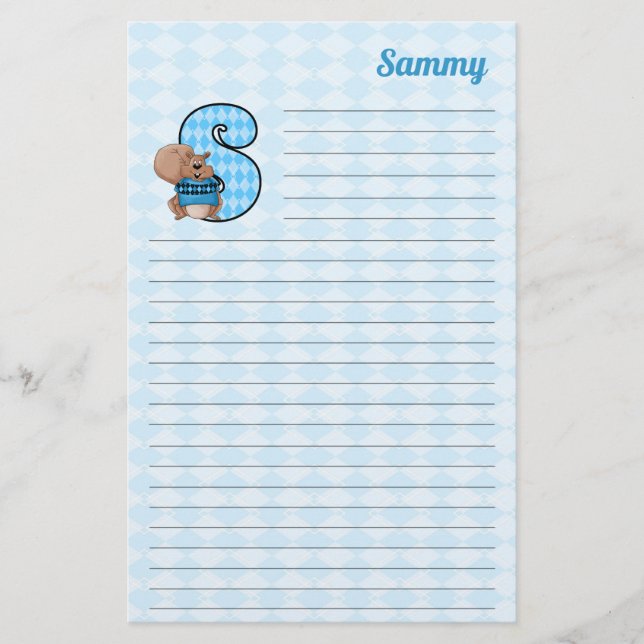 Blue Squirrel Mongram Letter S with Name Lined Stationery (Front)