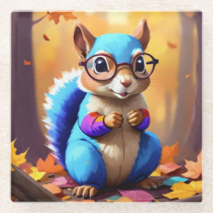 Blue Squirrel Wearing Glasses-39421 Glass Coaster