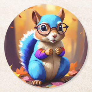 Blue Squirrel Wearing Glasses-39421 Round Paper Coaster