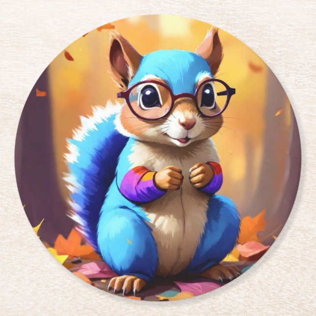 Blue Squirrel Wearing Glasses-39421 Round Paper Coaster (Front)