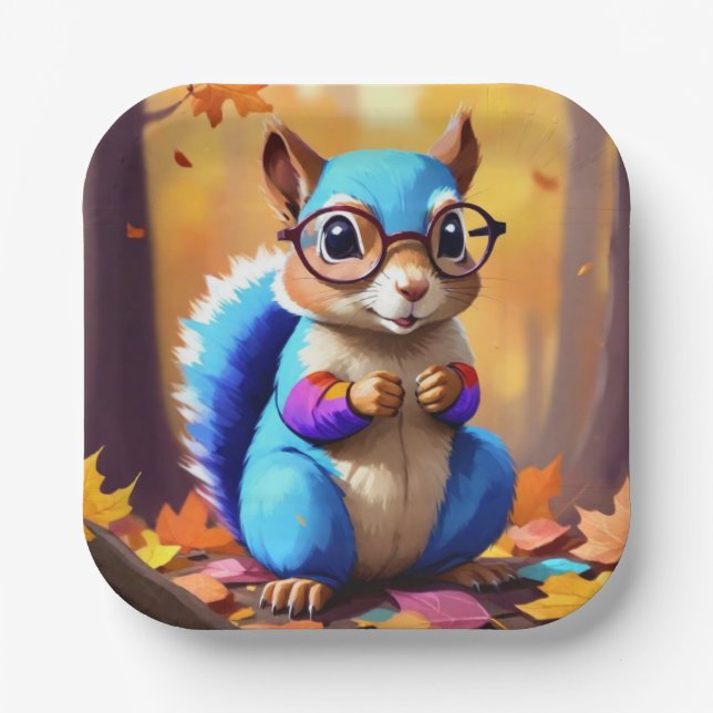 Blue Squirrel Wearing Glasses Paper Plate (Front)