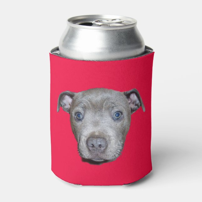 Blue Staffordshire Bull Terrier Face, Red Can Cooler (Can Front)