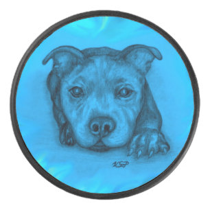 Blue Staffy Puppy Hockey Puck
