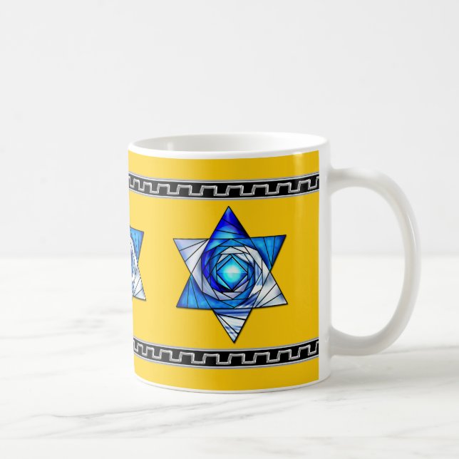 Blue Stained Glass Art Deco Magen David on Yellow Coffee Mug (Right)