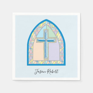 Blue Stained Glass Cross First Communion Napkins