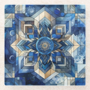 Blue Stained Glass Flower Geometric Watercolor Glass Coaster