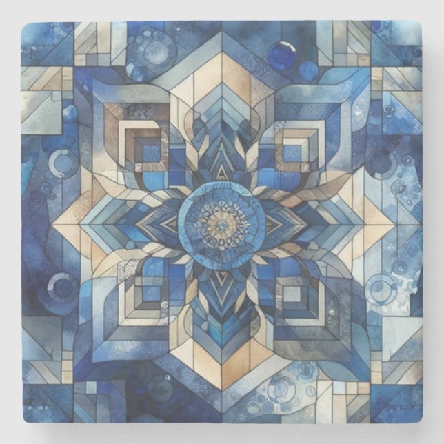 Blue Stained Glass Flower Geometric Watercolor Stone Coaster (Front)