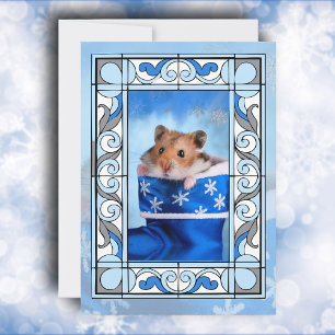 Blue Stained Glass Hamster Christmas Holiday Card