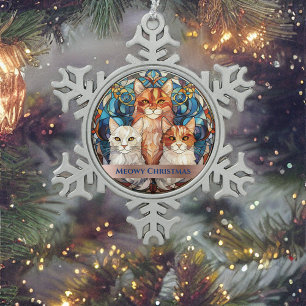 Blue Stained Glass Look Meowy Christmas Cats  Snowflake Pewter Christmas Ornament