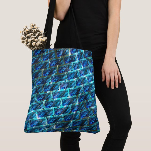Blue stained grazed, grate or leaning brick effect tote bag (Close Up)