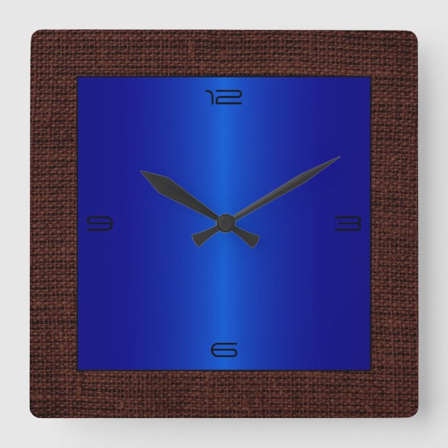 Blue Stainless Steel Modern Burlap Border Square Wall Clock (Front)