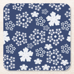 Blue Star and Snowflake Christmas Winter Pattern Square Paper Coaster