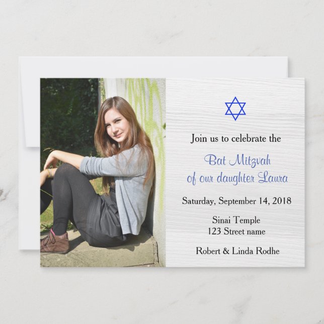 Blue Star and White Wood Bat Mitzvah Invitation (Front)