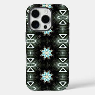 blue star-burst geometric on black iPhone 16 pro case