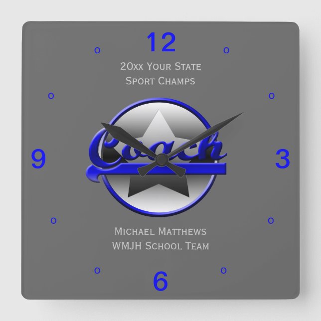 Blue Star Coach Name and School Square Clock (Front)