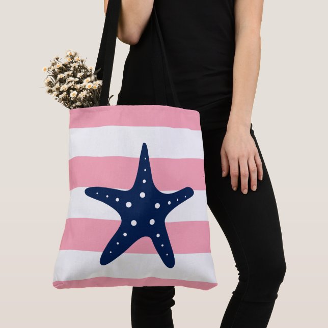 Blue Star Fish on Pink Stripes Tote Bag (Close Up)