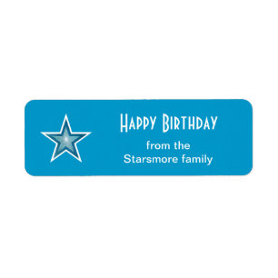 Blue Star Happy Birthday text label small blue Return Address Label