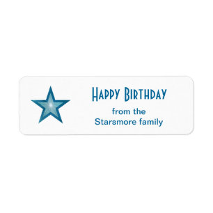 Blue Star Happy Birthday text label small white Return Address Label