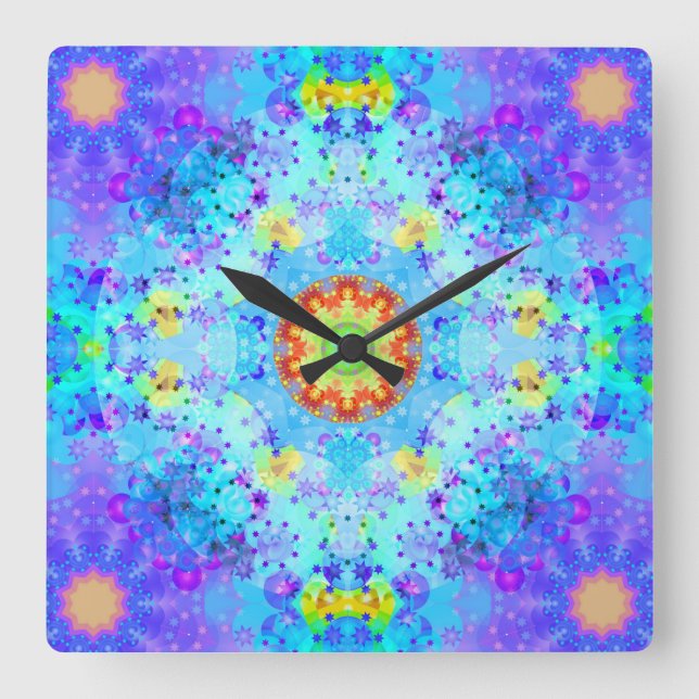 Blue Star Hippy Mandala Patterned Square Wall Clock (Front)