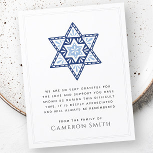 Blue Star of David funeral sympathy thank you card