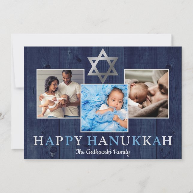 Blue Star of David Happy Hanukkah Photo Collage Holiday Card (Front)