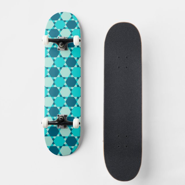 Blue Star of David Optical Illusion Pattern Skateboard (Front)