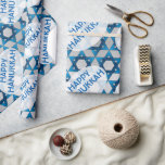 Blue Star of David Pattern / Happy Hanukkah Wrapping Paper<br><div class="desc">A Jewish Star of David pattern in shades of blue with a pale grey background with text that reads, "Happy Hanukkah" decorates this wrapping paper. This is part of a set of gift wrapping supplies which also includes tissue paper, 2 different sizes of ribbon, small, medium and large gift bags,...</div>