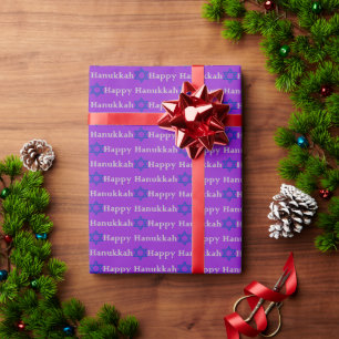 Blue Star of David, Silver Happy Hanukkah, Purple Wrapping Paper