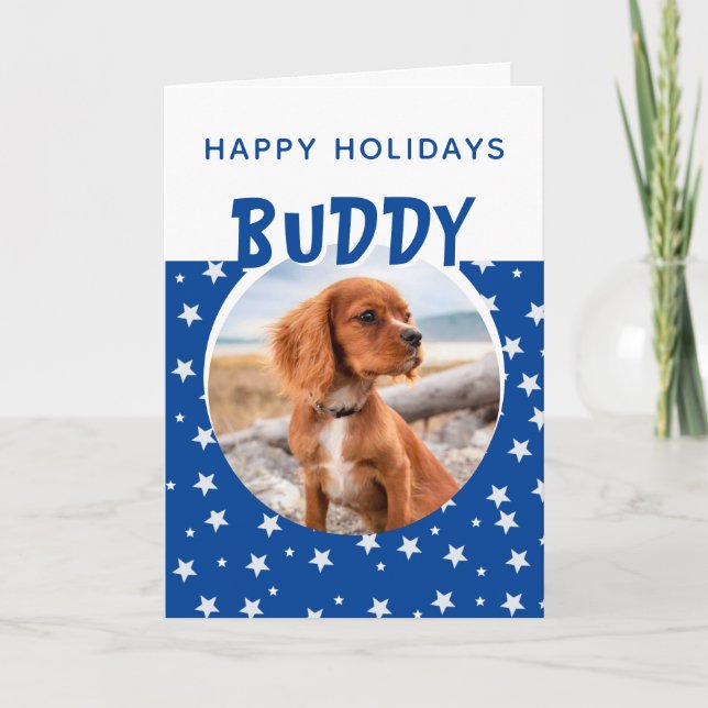 Blue Star Pattern Puppy Dog Pet Photo Holiday Card (Front)