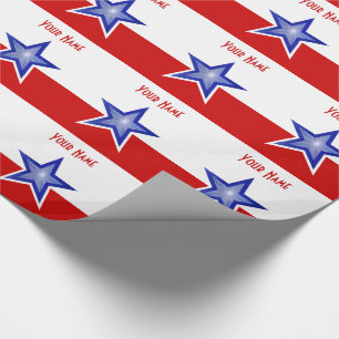 Blue Star Red print Name stripe wrapping paper