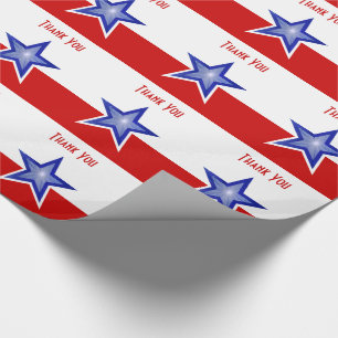 Blue Star Red print Thank You stripe Wrapping Paper