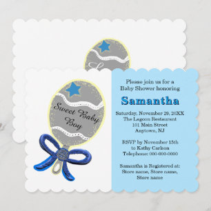 Blue Star Silver Rattle Baby Shower Invitation