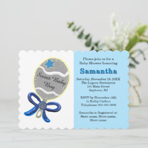 Blue Star Silver Rattle Baby Shower  Invitation