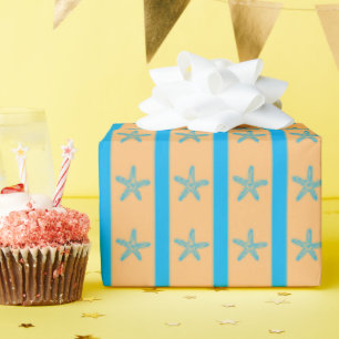 Blue Starfish and Stripes Summer Seamless Birthday Wrapping Paper