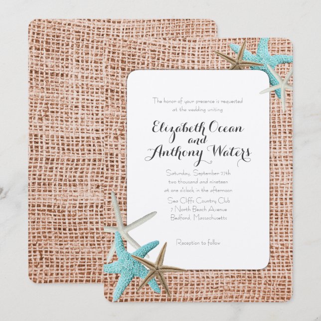 Blue Starfish Beach Burlap Wedding Invitations (Front/Back)