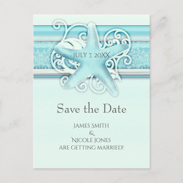 Blue Starfish Beach  Elegant Wedding Save the Date Announcement Postcard (Front)