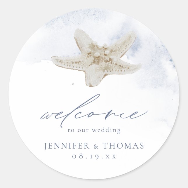Blue Starfish Beach Themed Wedding Favour Classic Round Sticker (Front)