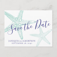 Blue Starfish Beach Wedding Save the Date Postcard