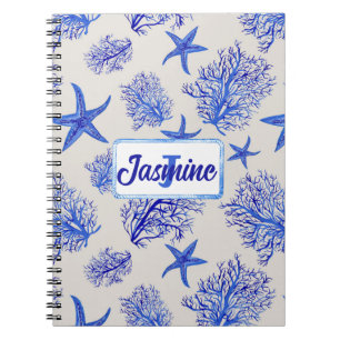 Blue starfish-coral-custom monogram-name notebook