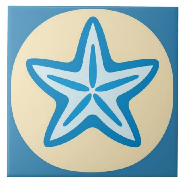 Blue Starfish in Yellow Circle Ceramic Tile (Front)