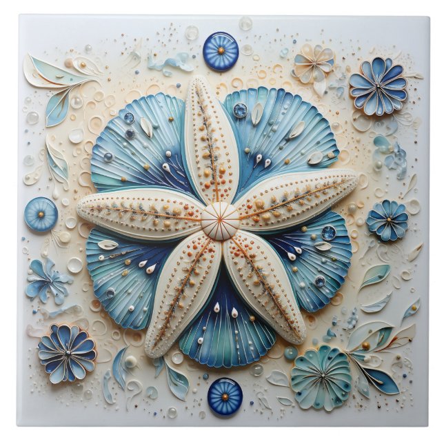 Blue Starfish Mediterranean Beach Theme Ceramic Tile (Front)