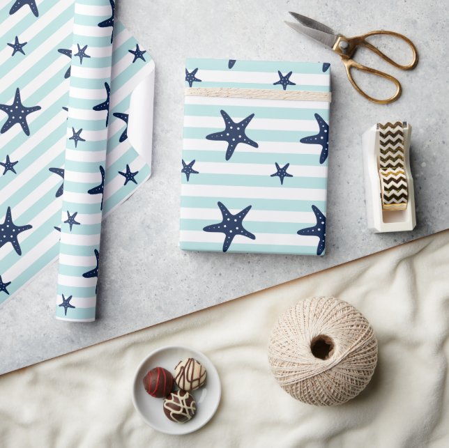 Blue Starfish on Mint Stripes Wrapping Paper (Crafts)