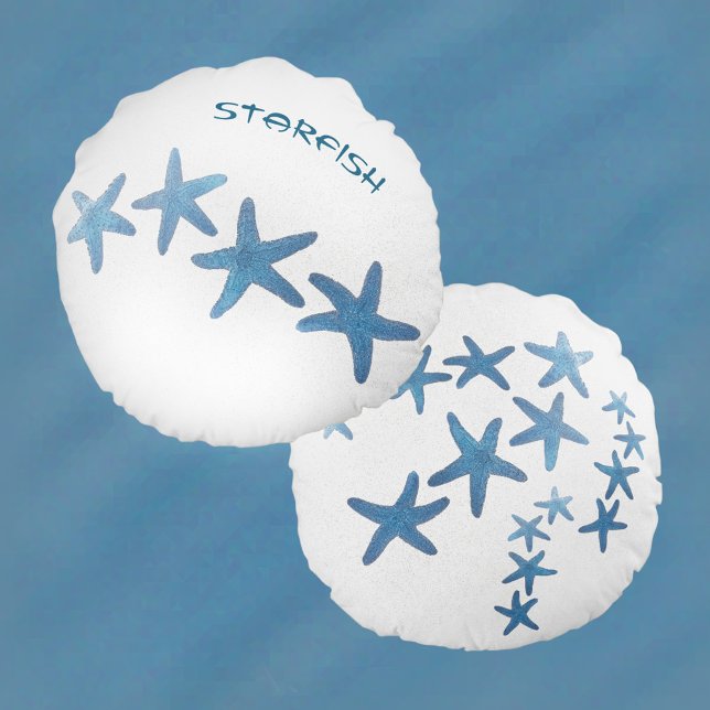 Blue Starfish on White Sand Round Cushion (Creator Uploaded)